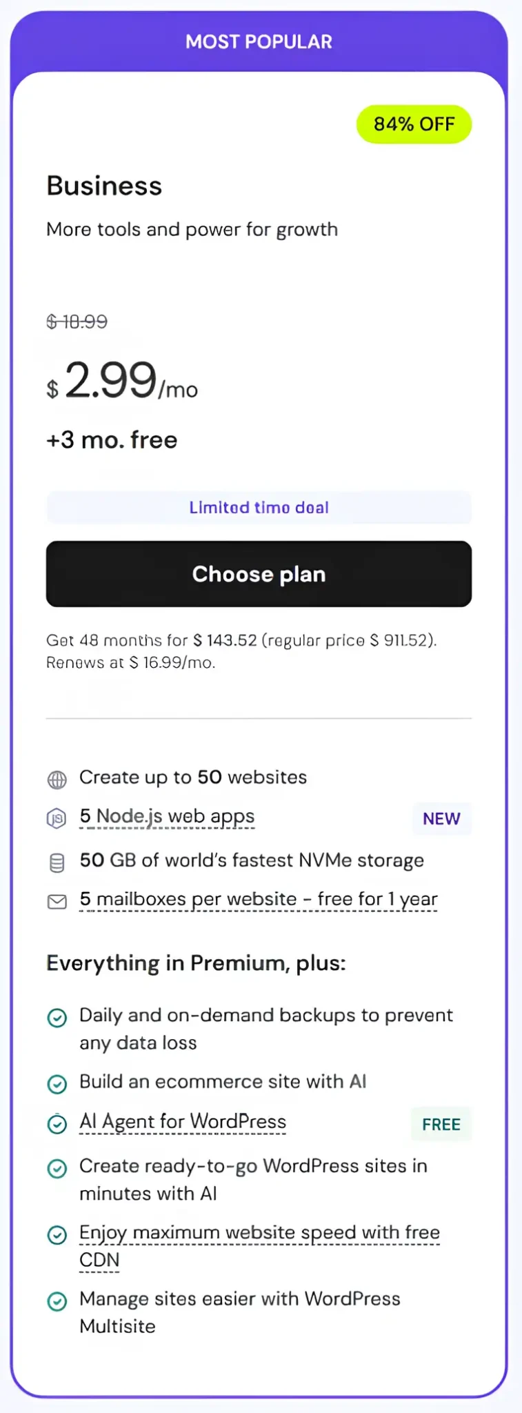 Hostinger Business Plan Features