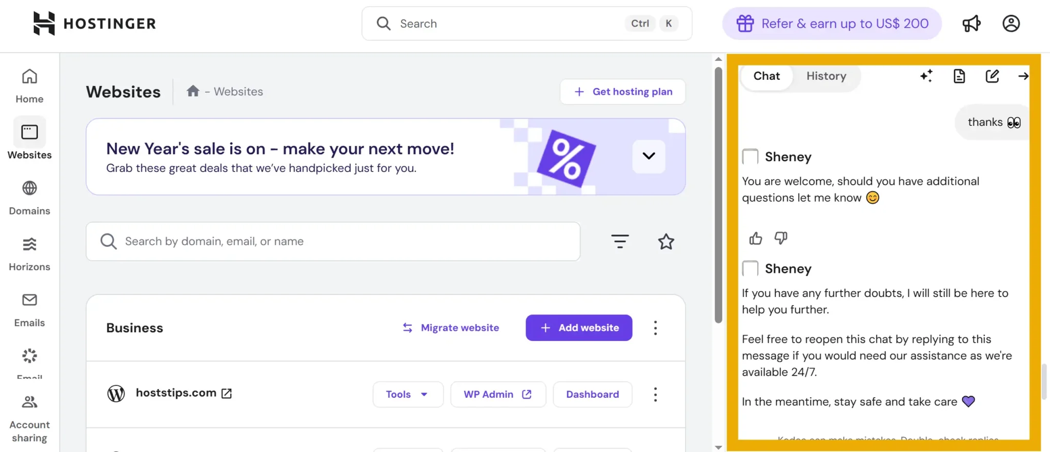 Hostinger Live Chat Interface